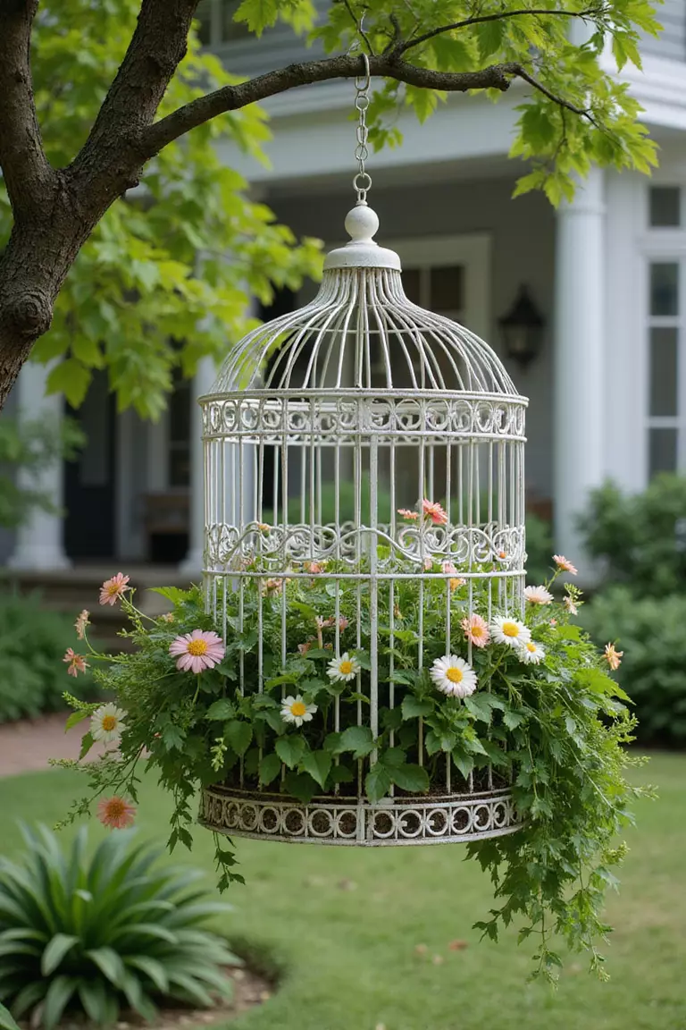 A photo of a typical American home’s garden featuring a vintage white wire birdcage hanging from a tree branch, filled with overflowing flowers and vines.