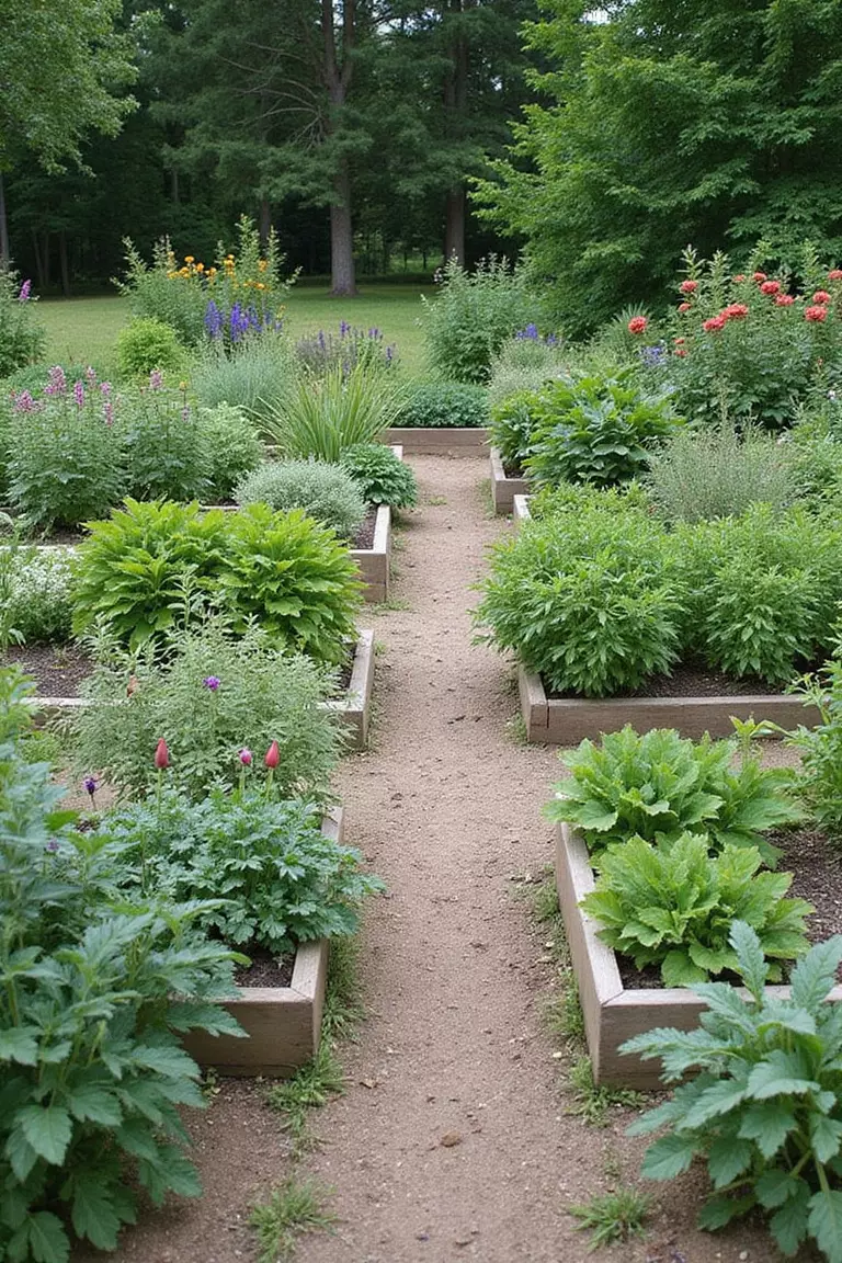A professional photo, similar to a photo in a gardening magazine, of a kitchen garden with raised beds in a geometric pattern. Paths separate beds filled with herbs, vegetables, and flowers.