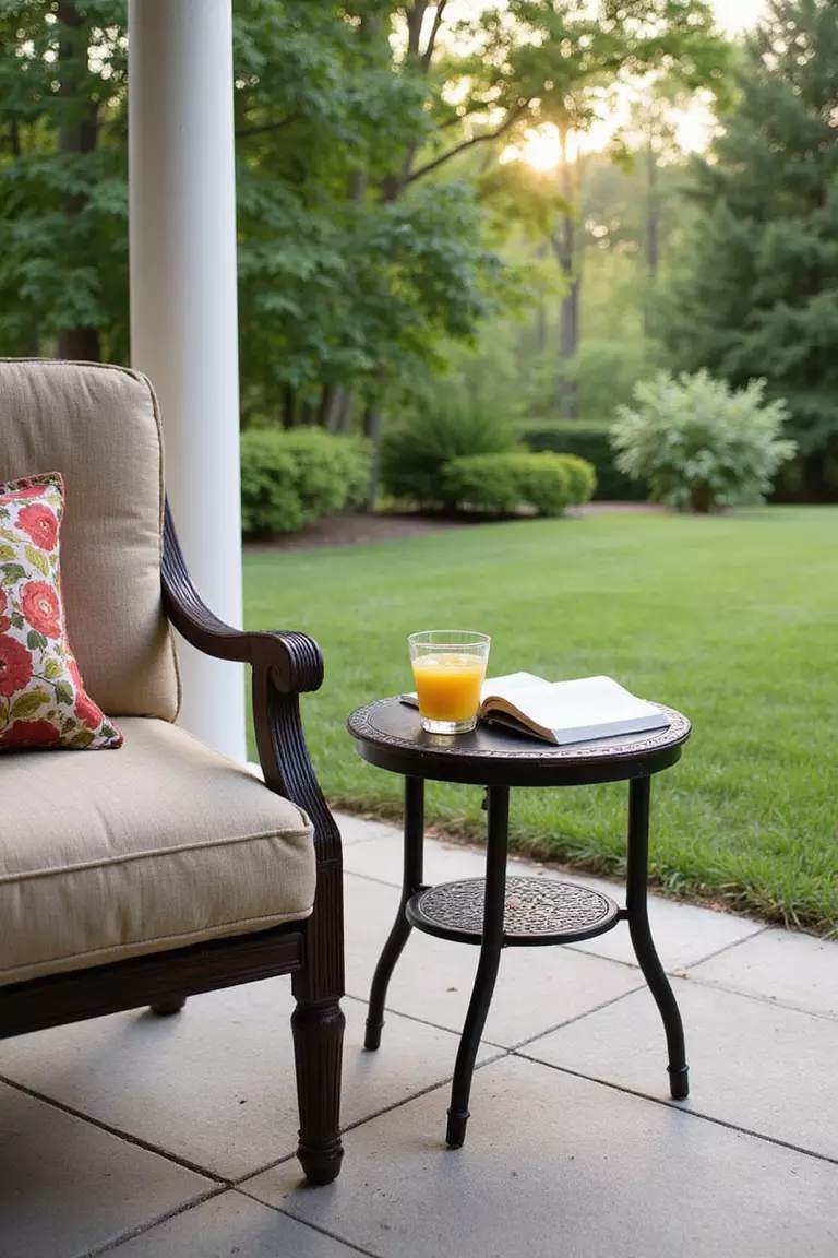 A photo of a typical American home’s garden patio showing a small, stylish side table placed next to an armchair, holding a drink and a book.