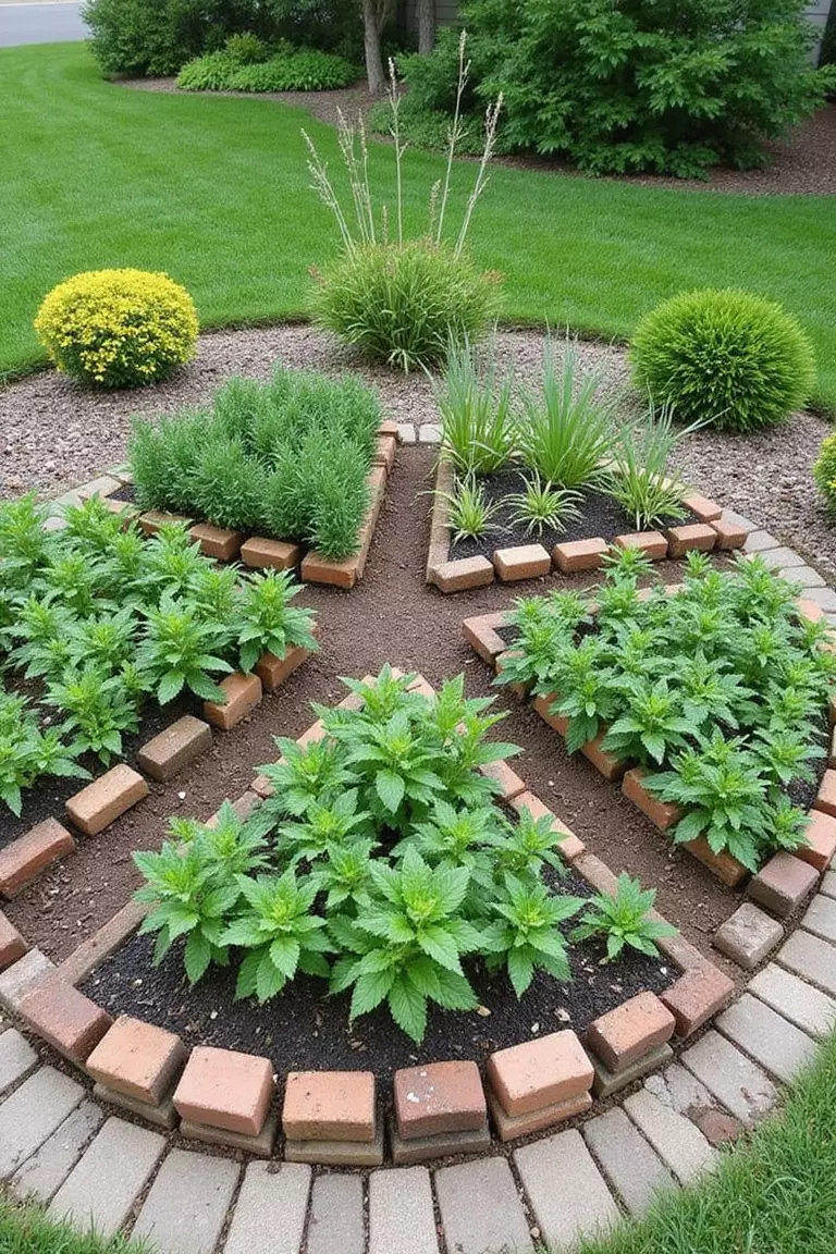 A photo of a typical American home’s garden showing a circular garden bed divided into wedge-shaped sections by bricks or stones, resembling wheel spokes, each section planted with a different herb.