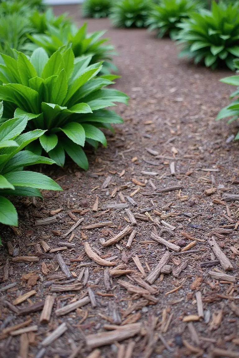 A close-up photo of a typical American garden pathway covered in dark brown shredded bark mulch, winding beside leafy green hostas.