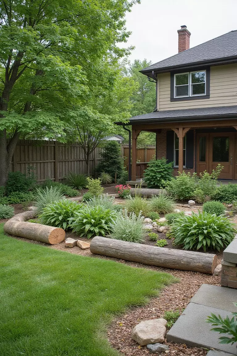 Backyard of a typical American suburban home with a woodland style garden bordered by natural logs of varying diameters laid horizontally.