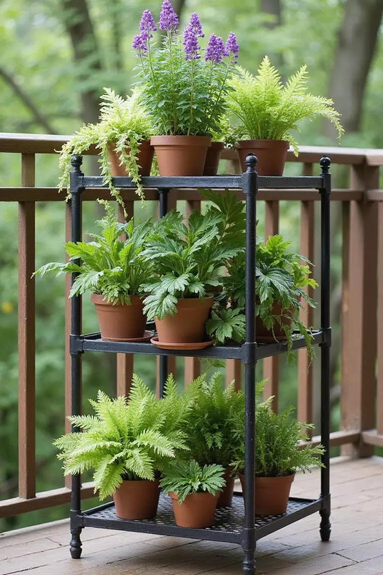 A professional photo, similar to a photo in a gardening magazine, of a metal or wooden multi-level plant stand holding various potted plants like ferns, flowers, and herbs on a balcony.
