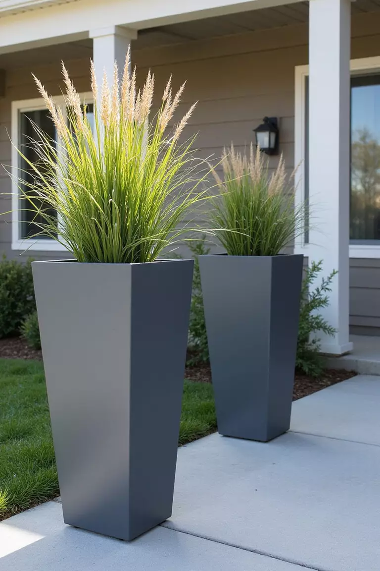 A photo of a typical American home’s garden featuring a pair of tall, sleek, square fiberglass planters in a dark gray color flanking a modern front door, each planted with a tall ornamental grass.