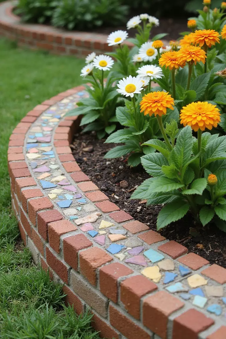 A close-up photo of a typical American garden flower bed, its raised edge constructed from bricks partially covered with colorful random mosaic tile pieces.