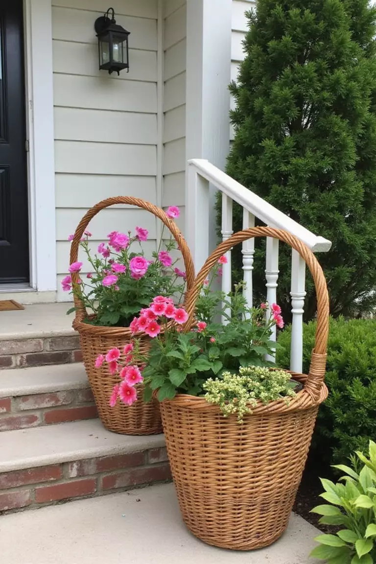 A photo of a typical American home’s garden showing woven wicker baskets lined internally and used as charming planters for flowering annuals on a porch.