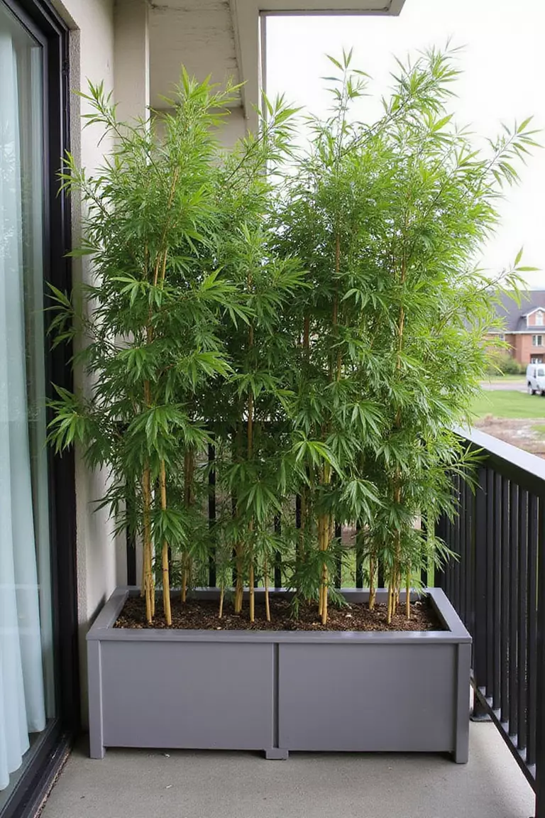 A photo of a small balcony using tall bamboo plants in rectangular planters along the railing to create a natural privacy screen.