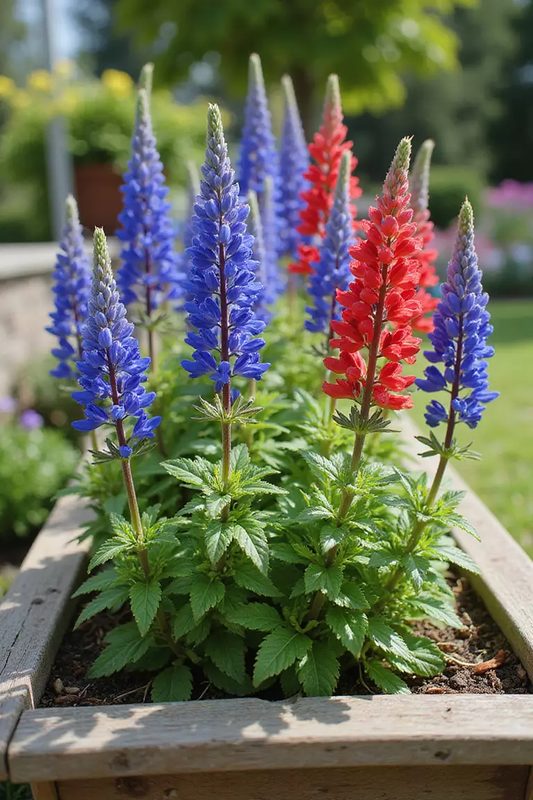 A close-up photo of a typical American home’s garden showing spikes of vibrant blue and red salvia standing tall in a weathered wooden planter box placed in a sunny garden bed.