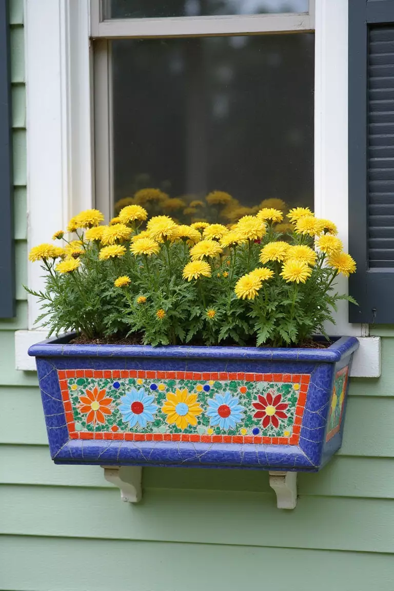 A close-up photo of a typical American garden window box mounted under a window, its front panel decorated with bright floral mosaic patterns.