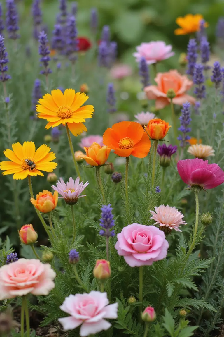 A professional photo, similar to a photo in a gardening magazine, of colorful wildflowers like cornflowers and poppies growing freely amongst cultivated garden roses and lavender. Bees buzz around.