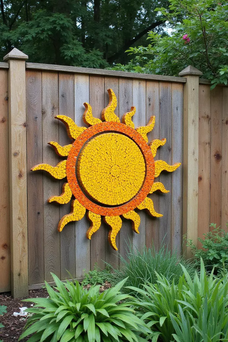 A photo of a typical American garden showing a section of a wooden fence decorated with a large, circular mosaic depicting a sun made from yellow and orange tiles.
