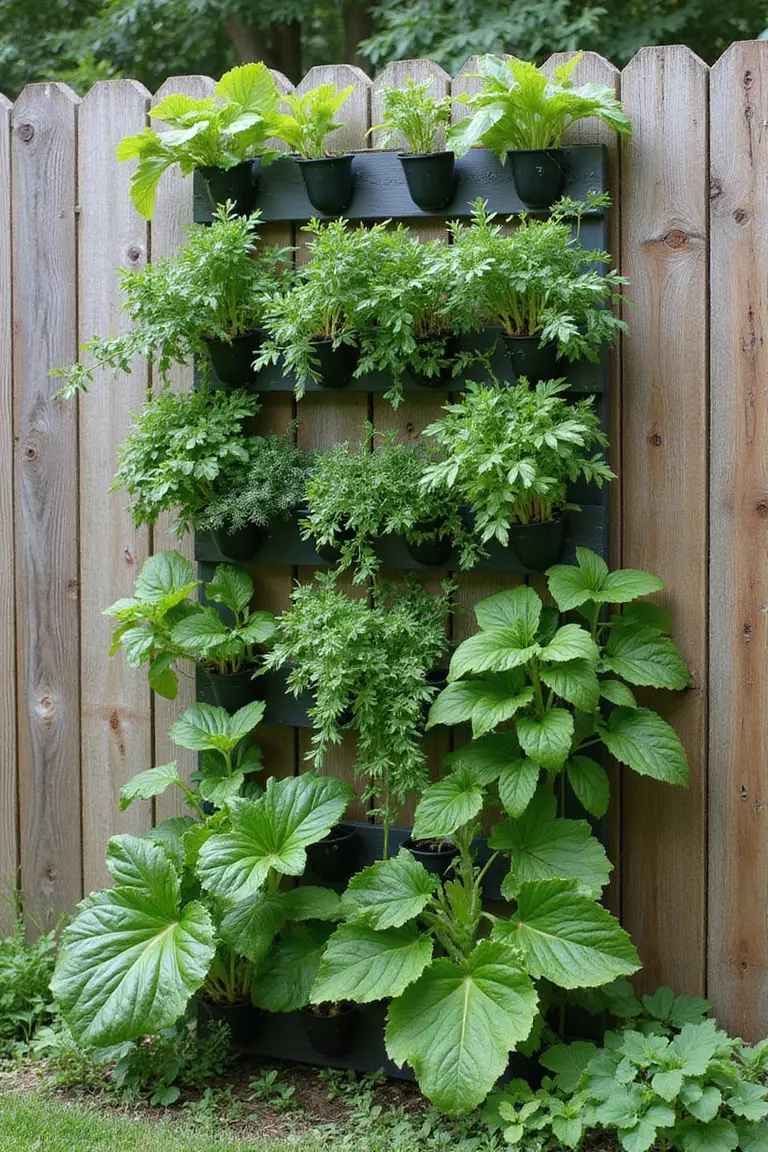 A photo of a typical American garden showcasing a wooden fence covered with a vertical garden system holding various leafy greens and herbs.