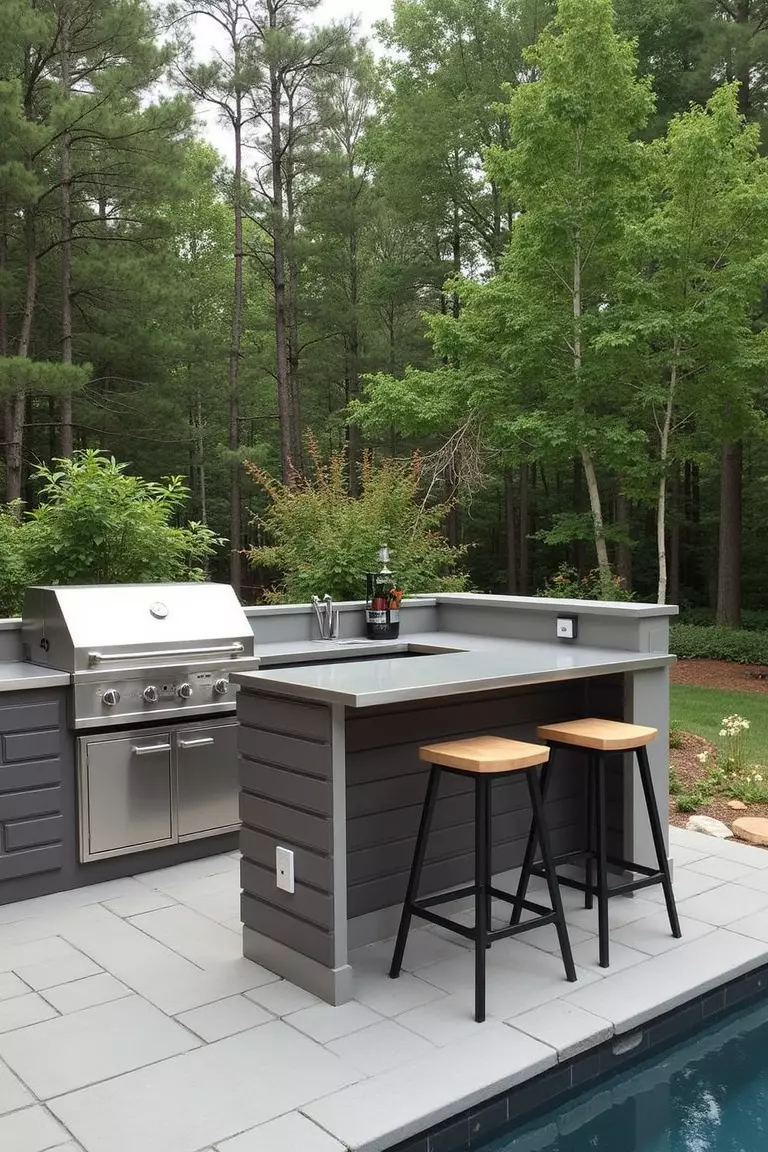 A photo of a typical American garden featuring a modern outdoor kitchen area with a built-in grill, stainless steel counters, and simple bar stools.