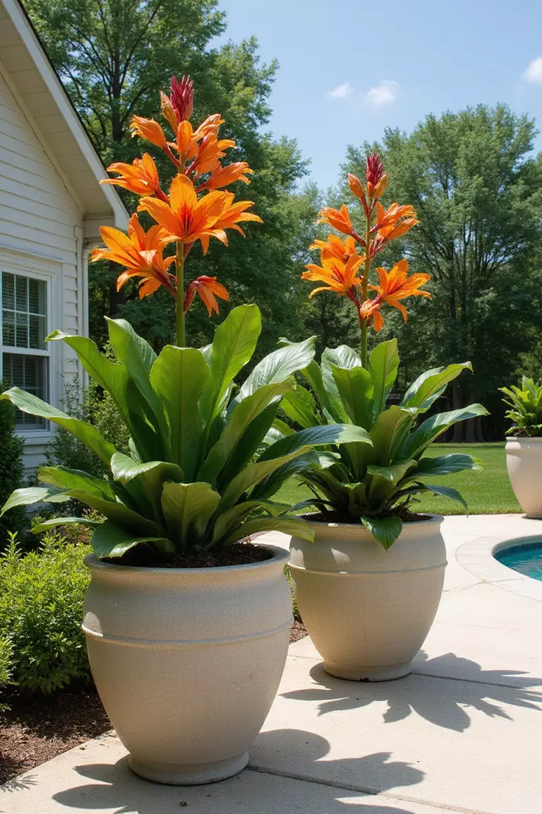 A photo of a typical American home’s garden highlighting large statement planters near a sunny pool deck, filled with towering canna lilies showing off orange flowers and huge elephant ear leaves.
