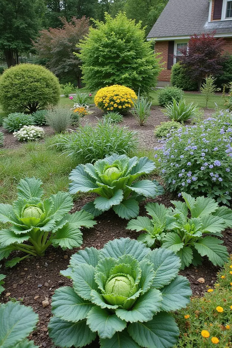 A photo of a typical American garden integrating edible plants like kale and berry bushes aesthetically amongst ornamental flowers and shrubs.
