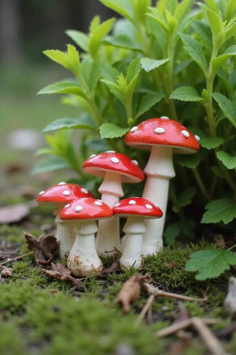 A close-up photo of a typical American garden showing bright red and white miniature ceramic mushrooms clustered near the base of a small plant.