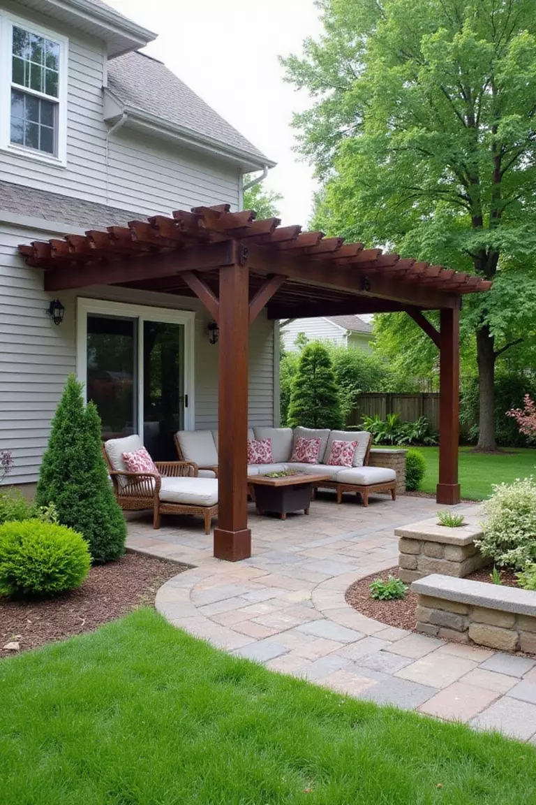 A photo of a typical American home’s garden displaying a dark wood pergola attached securely to the house wall, extending over a patio seating area.