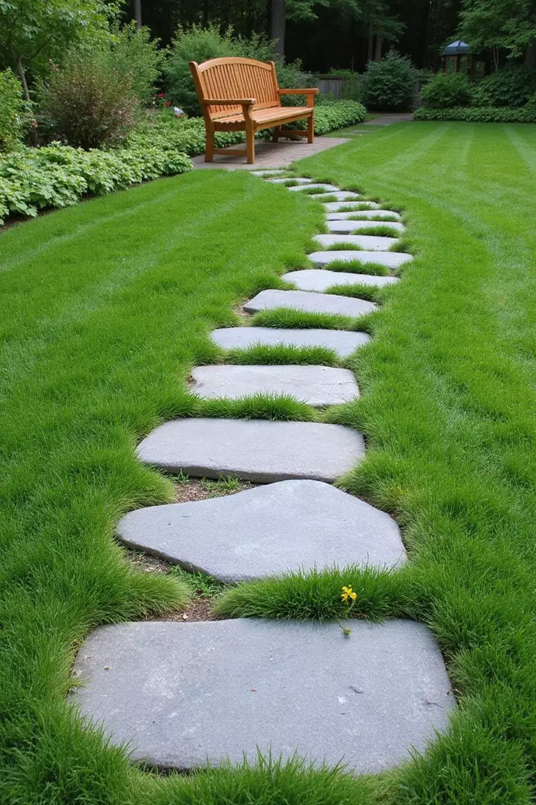 A photo of a typical American garden with large, flat grey stepping stones placed individually across a green lawn, leading towards a wooden bench.