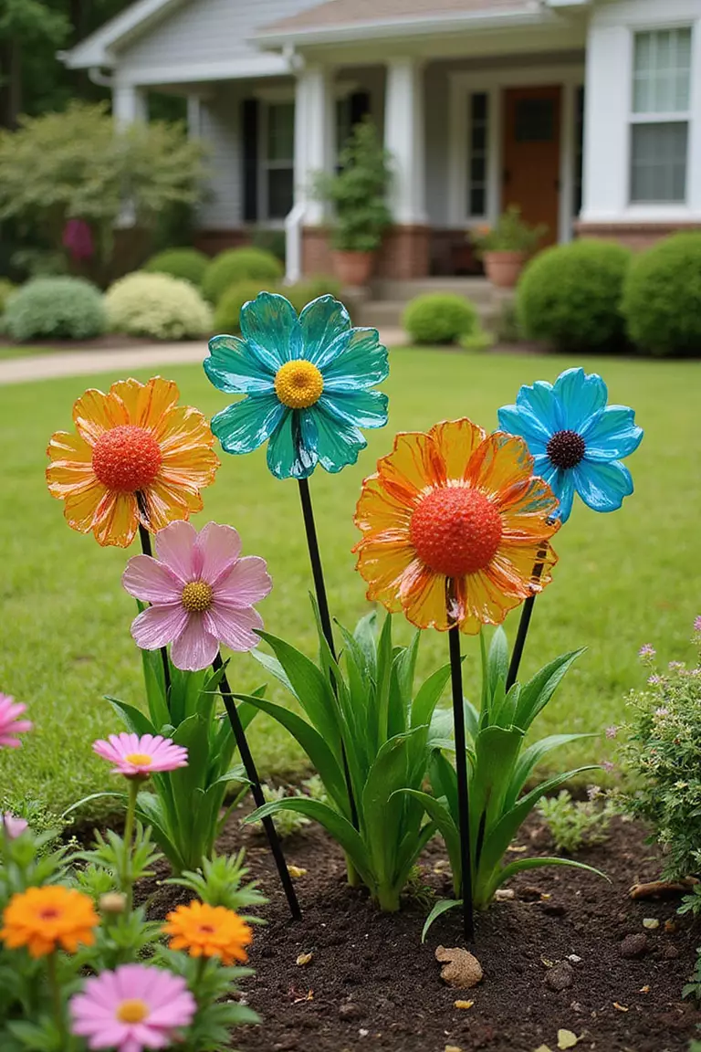 A photo of a typical American home’s garden displaying colorful glass flower-shaped garden stakes pushed into the soil among green plants and blooming flowers.