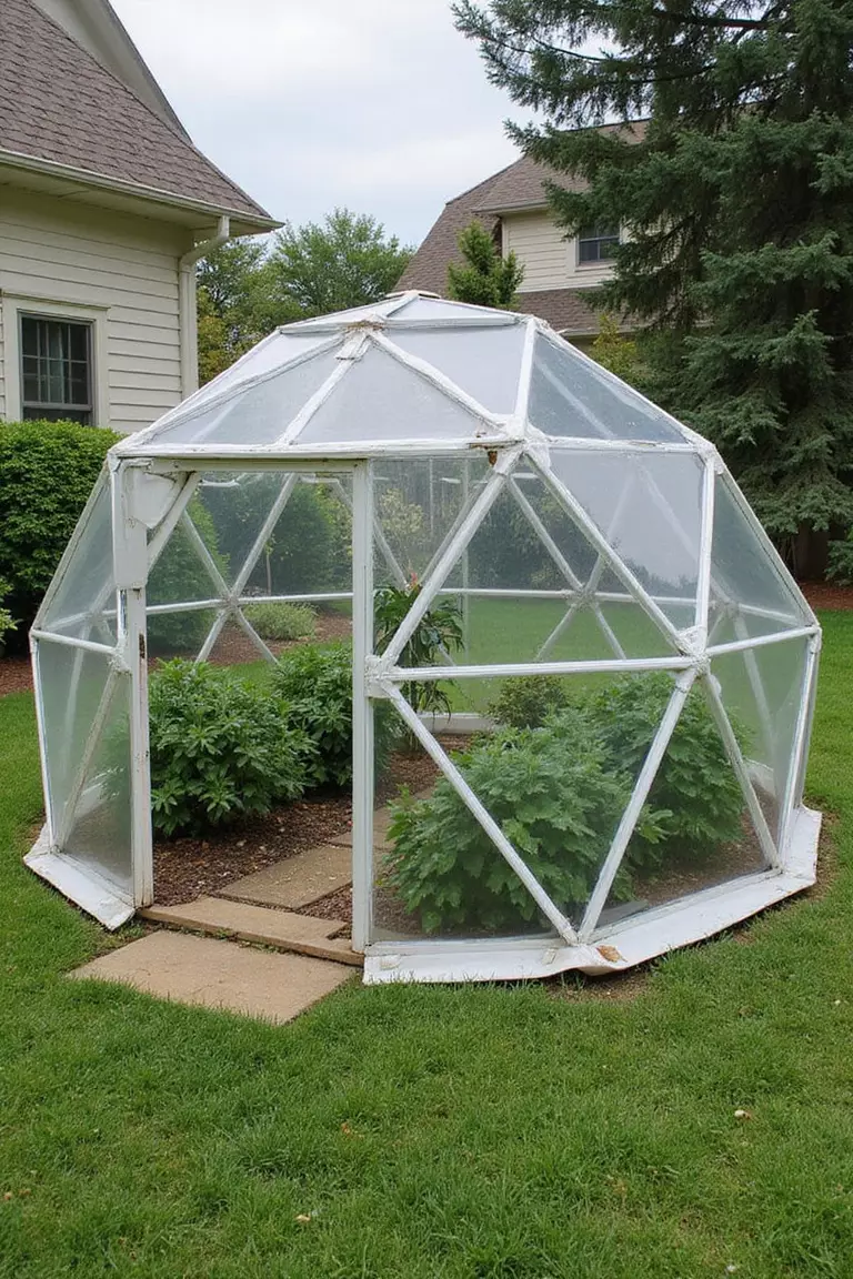 A photo of a typical American home’s garden featuring a small geodesic dome greenhouse made of triangular plastic panels connected by hubs, placed on a grassy area.
