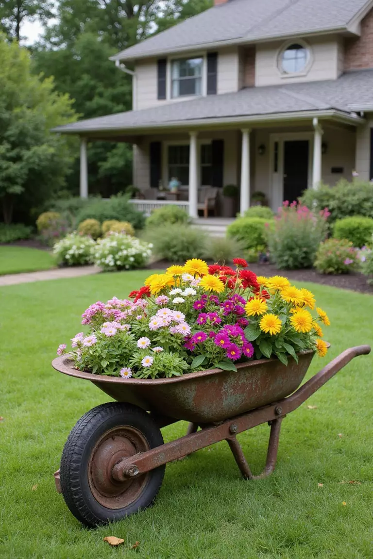 A photo of a typical American home’s garden displaying a rustic, old metal wheelbarrow overflowing with colorful blooming annual flowers, parked on the lawn.