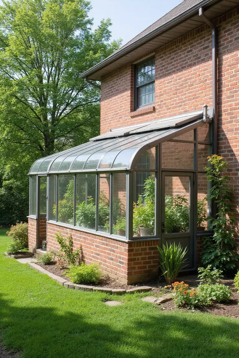 A photo of a typical American home’s garden showing a greenhouse with a single sloping roof attached to the sunny side wall of a brick house, filled with various plants.