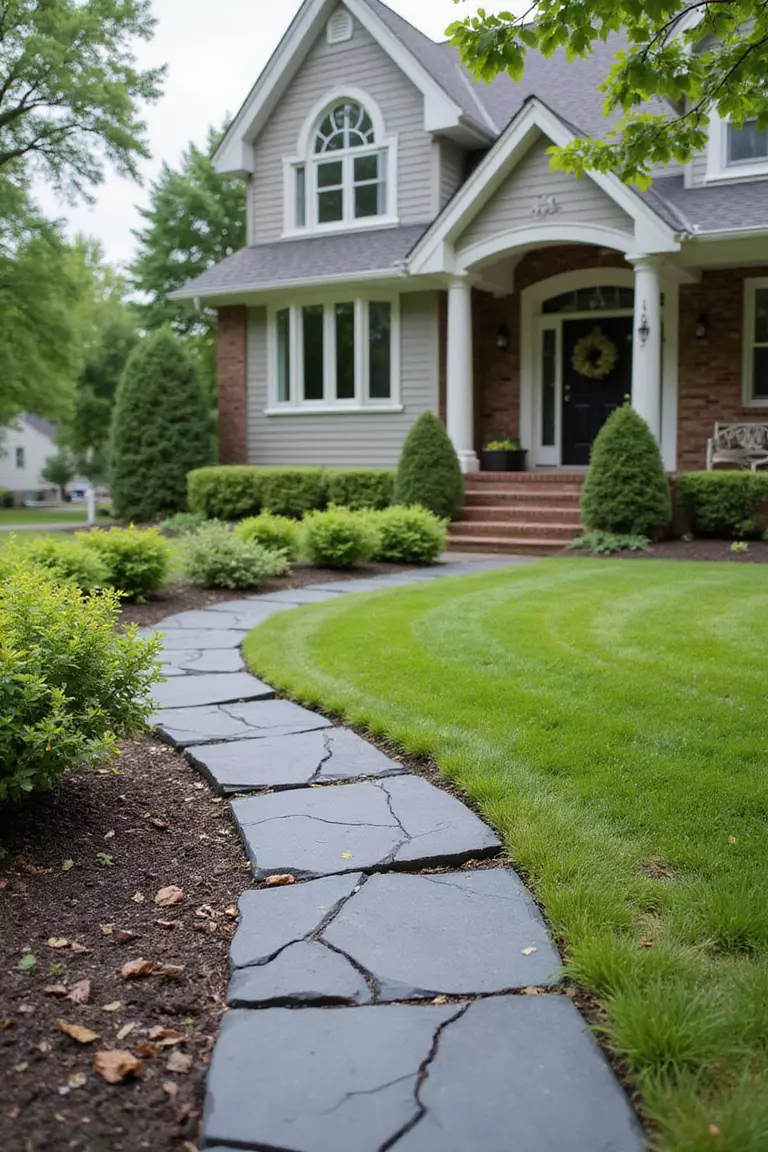 Front yard of a typical American suburban home with a garden bordered by thin pieces of dark grey slate stone pushed vertically into the soil.