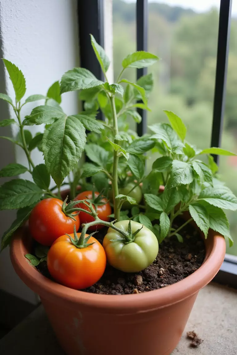 A close-up photo of a small balcony container garden showing bush tomatoes and dwarf beans growing happily in large pots.