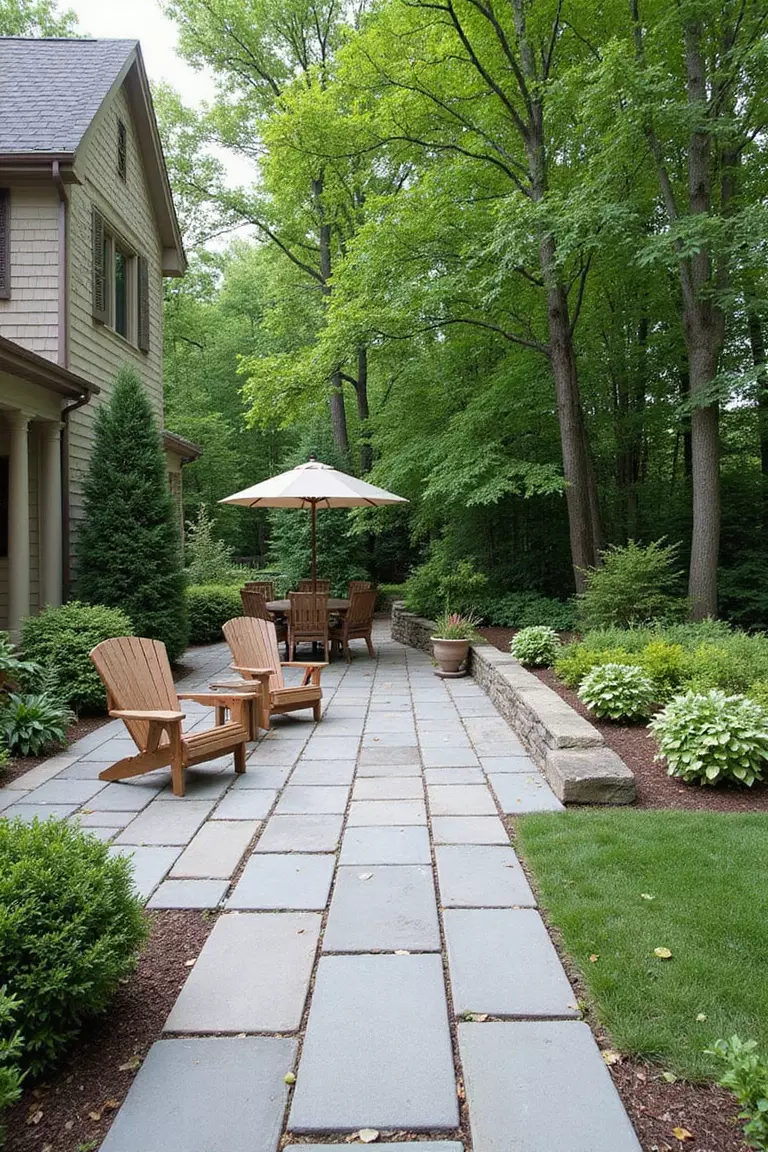 A photo of a typical American garden featuring a patio made of large, irregular flagstones tightly fitted together, furnished with simple chairs.