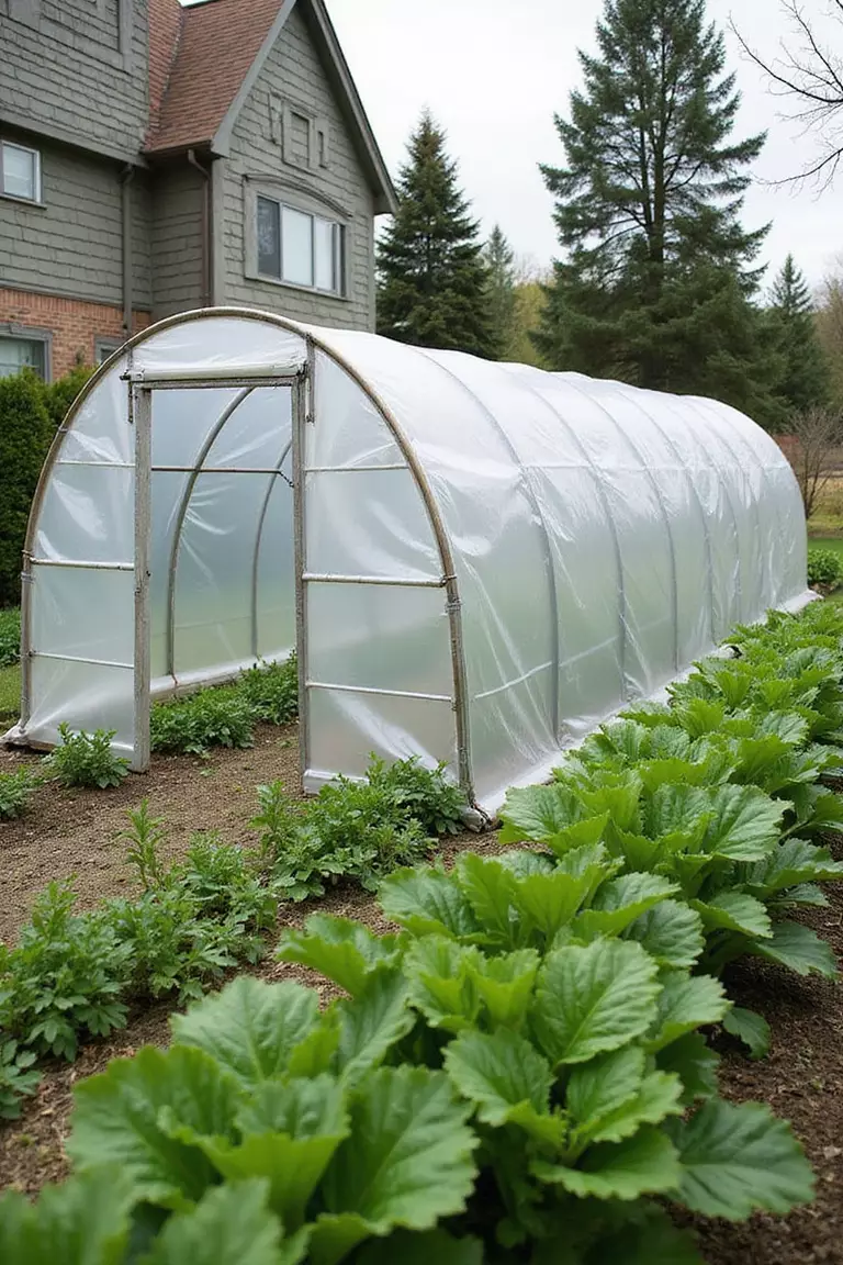 A photo of a typical American home’s garden showcasing a long, low tunnel greenhouse made with flexible hoops covered in clear plastic, stretching across a row of vegetables.