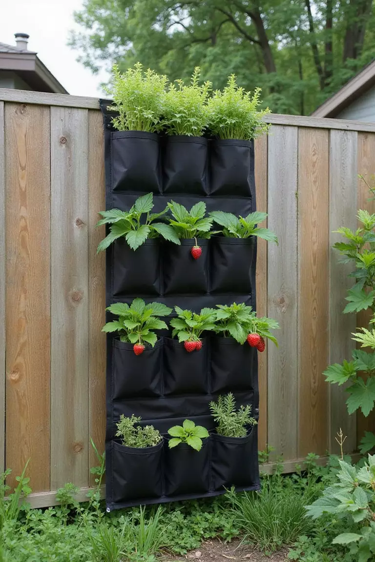 A photo of a typical American home’s garden showcasing a tall, multi-pocket vertical planter made of dark fabric, mounted on a fence and planted with strawberries and herbs.