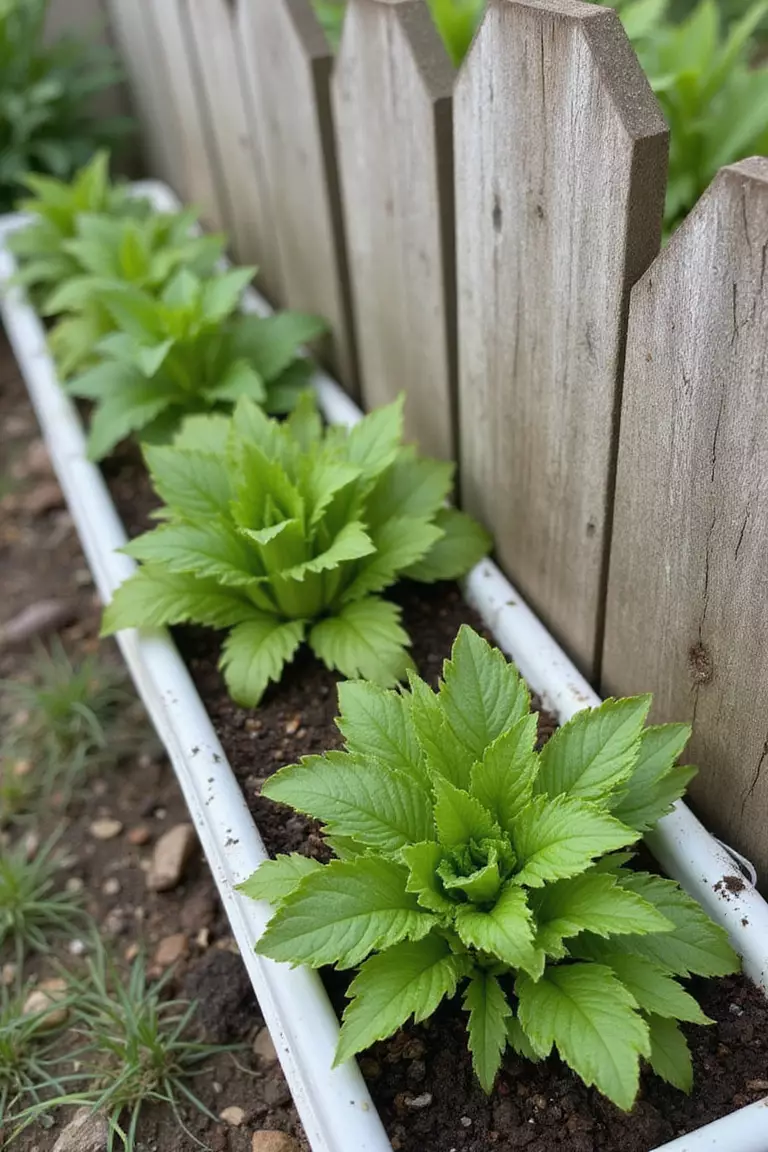 A photo of a typical American home’s garden fence with sections of rain gutter mounted horizontally, filled with soil and planted with lines of small herbs like chives and lettuce.