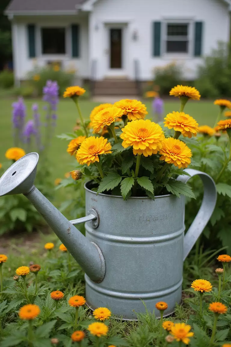 A photo of a typical American home’s garden where a galvanized metal watering can sits amongst flowers, with yellow marigolds planted inside and spilling from the spout.