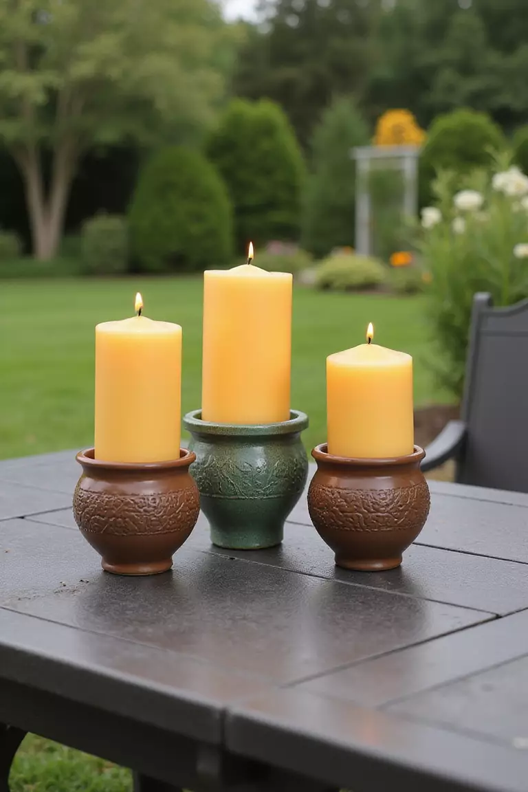 A close-up photo of a typical American home’s garden patio table displaying several large citronella candles in decorative pots.