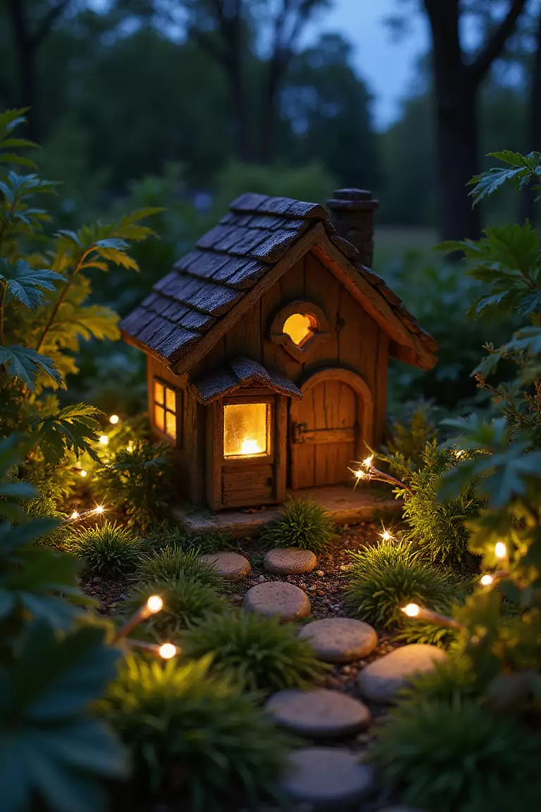 A photo of a typical American garden at dusk, with tiny battery-operated LED string lights woven through miniature plants around a fairy house.