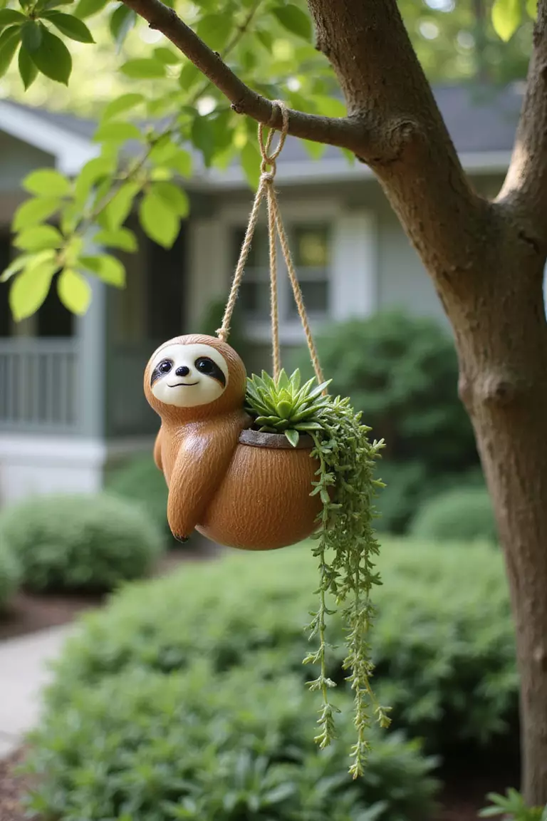A close-up photo of a typical American home’s garden featuring a whimsical ceramic sloth planter hanging from a branch, holding a small trailing succulent.