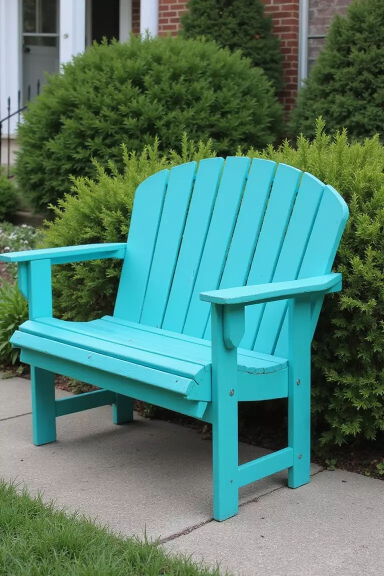 A photo of a typical American home's garden showcasing a wooden bench painted bright turquoise, standing out against a backdrop of green shrubs and attracting attention.