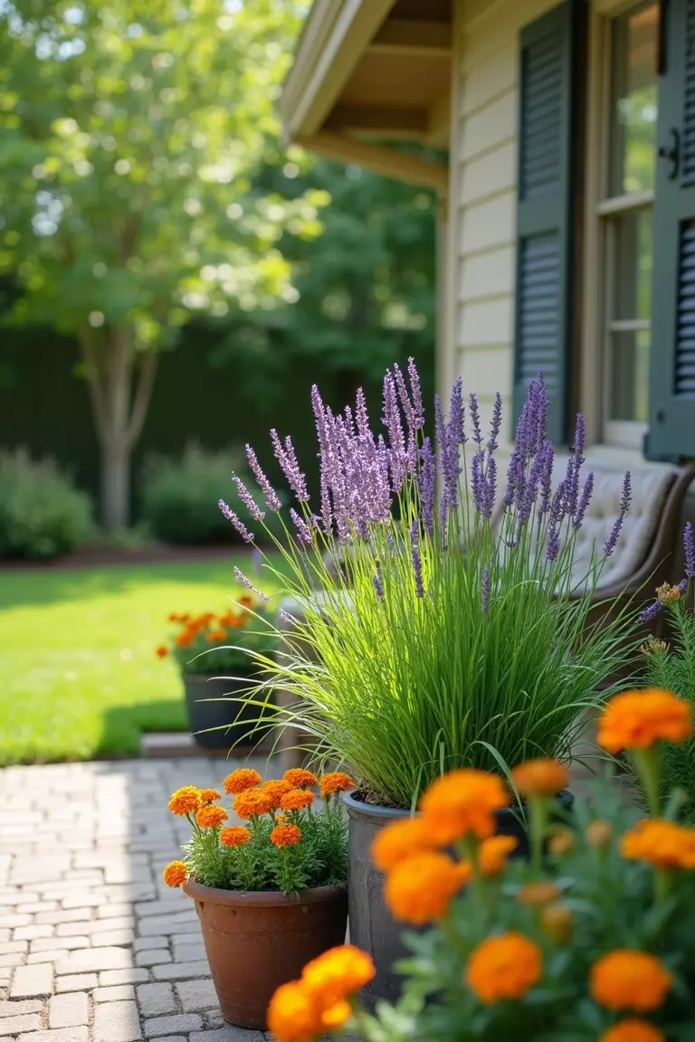 A photo of a typical American home’s garden featuring pots of citronella grass, lavender, and marigolds placed strategically near a seating area.