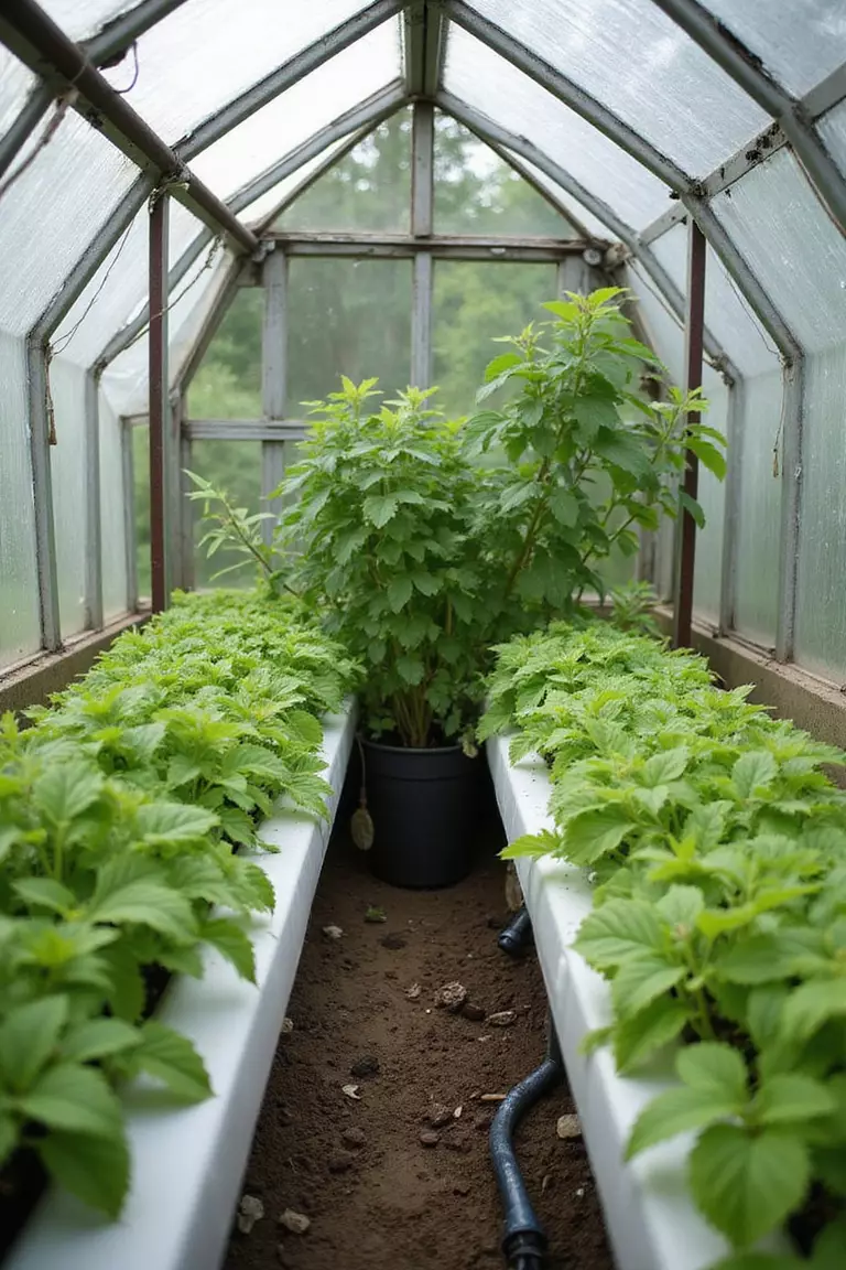 A photo of a typical American home’s garden showing the interior of a small greenhouse where plants are growing in tubes with water circulating, using a hydroponic system instead of soil.