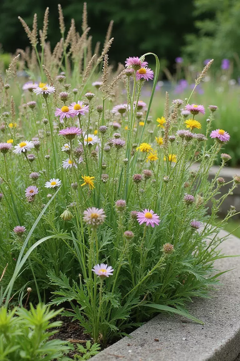 A professional photo, similar to a photo in a gardening magazine, of a small patch of meadow garden, maybe in a raised bed or container, packed with wildflowers and grasses.
