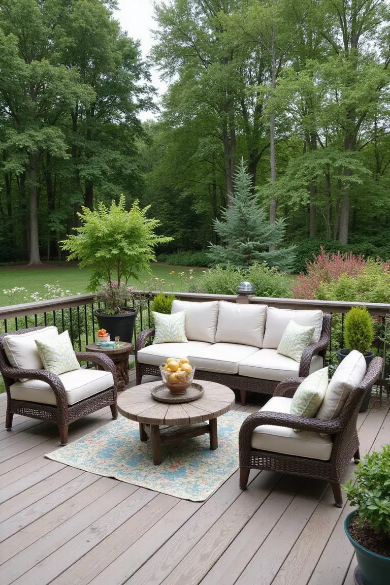A photo of a typical American garden showcasing a comfortable outdoor sofa and chairs arranged on a deck, creating an inviting conversation nook.