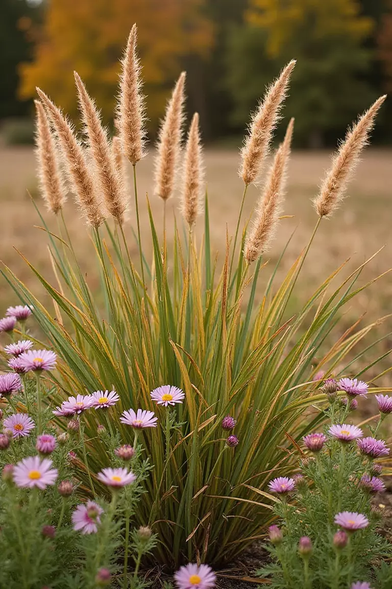 A professional photo, similar to a photo in a gardening magazine, of a meadow garden in autumn, showcasing the warm golden and bronze tones of ornamental grasses and late-blooming asters.