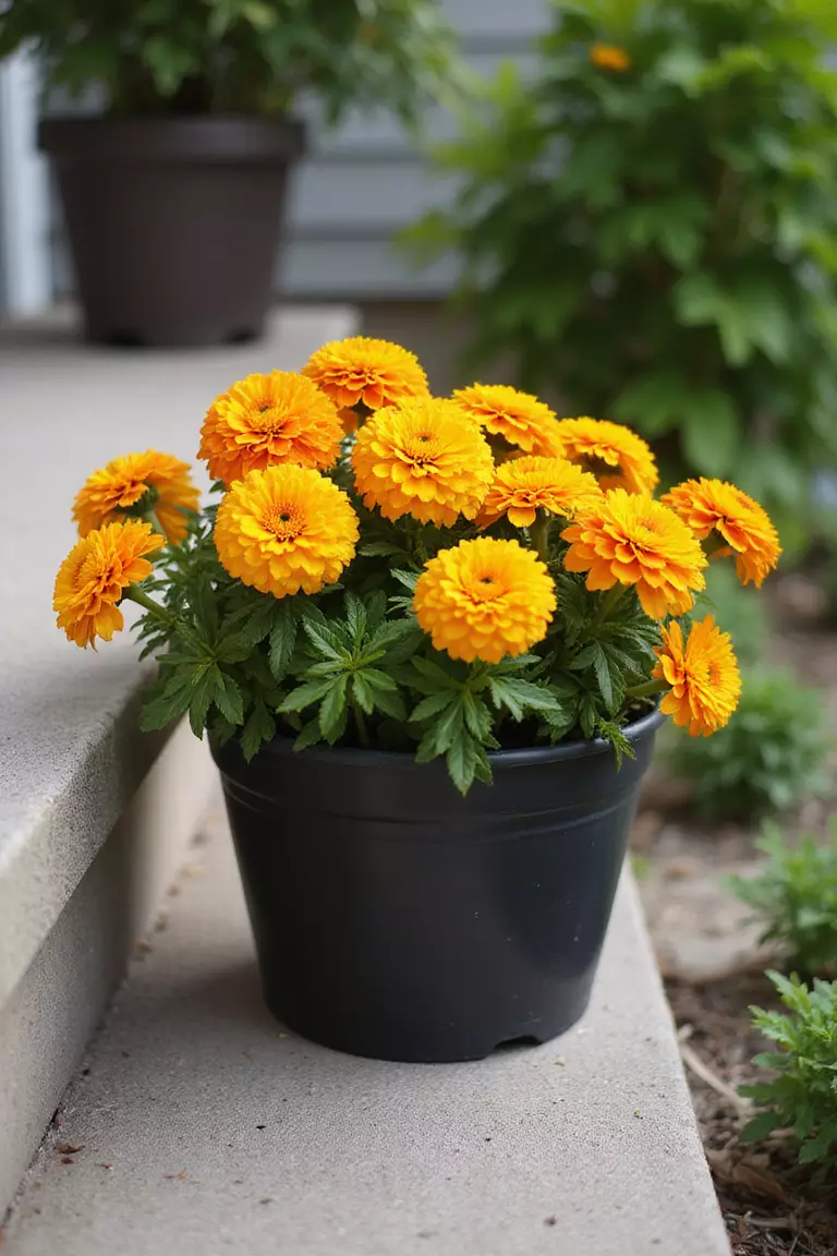 A close-up photo of a typical American home’s garden showing cheerful yellow and orange marigolds packed tightly into a simple black planter sitting on a sun-baked concrete step.