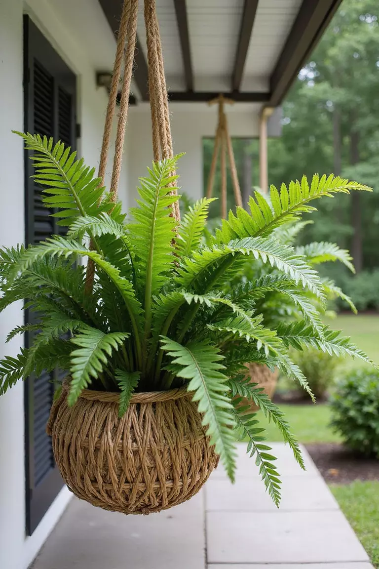 A photo of a typical American home’s garden showing natural woven seagrass baskets holding large leafy ferns, hanging from thick ropes under a pergola.