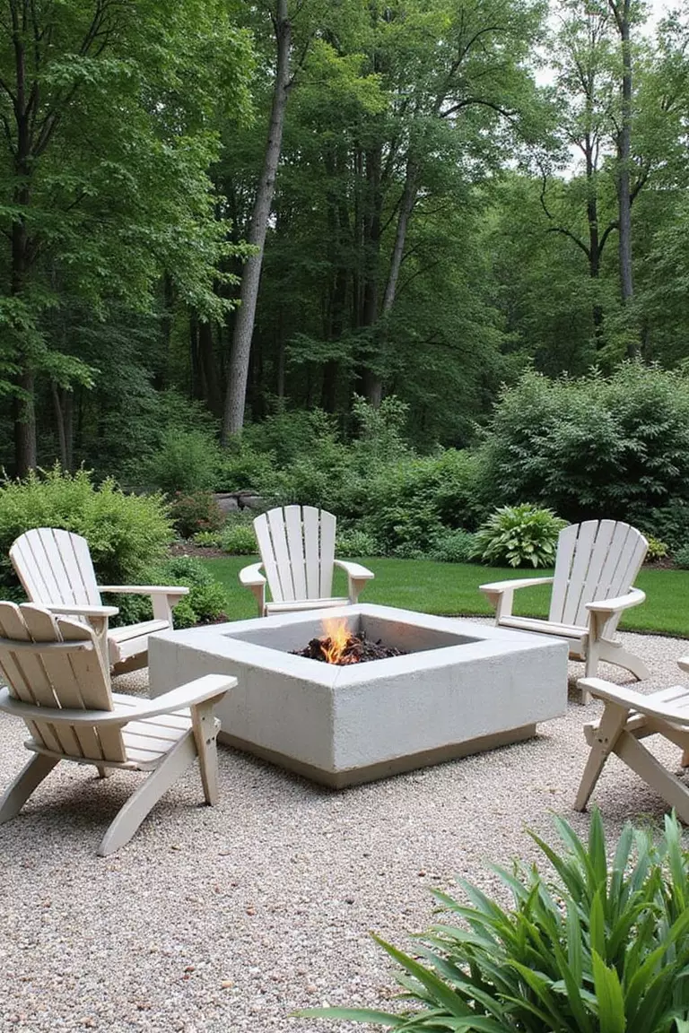 A photo of a typical American garden centered around a modern, square concrete fire pit surrounded by minimalist outdoor chairs on a gravel patio.