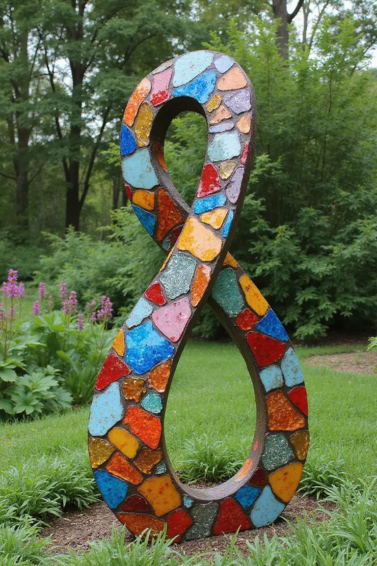 A photo of a typical American garden featuring an abstract garden sculpture made from metal and adorned with various shapes of colored glass mosaic.