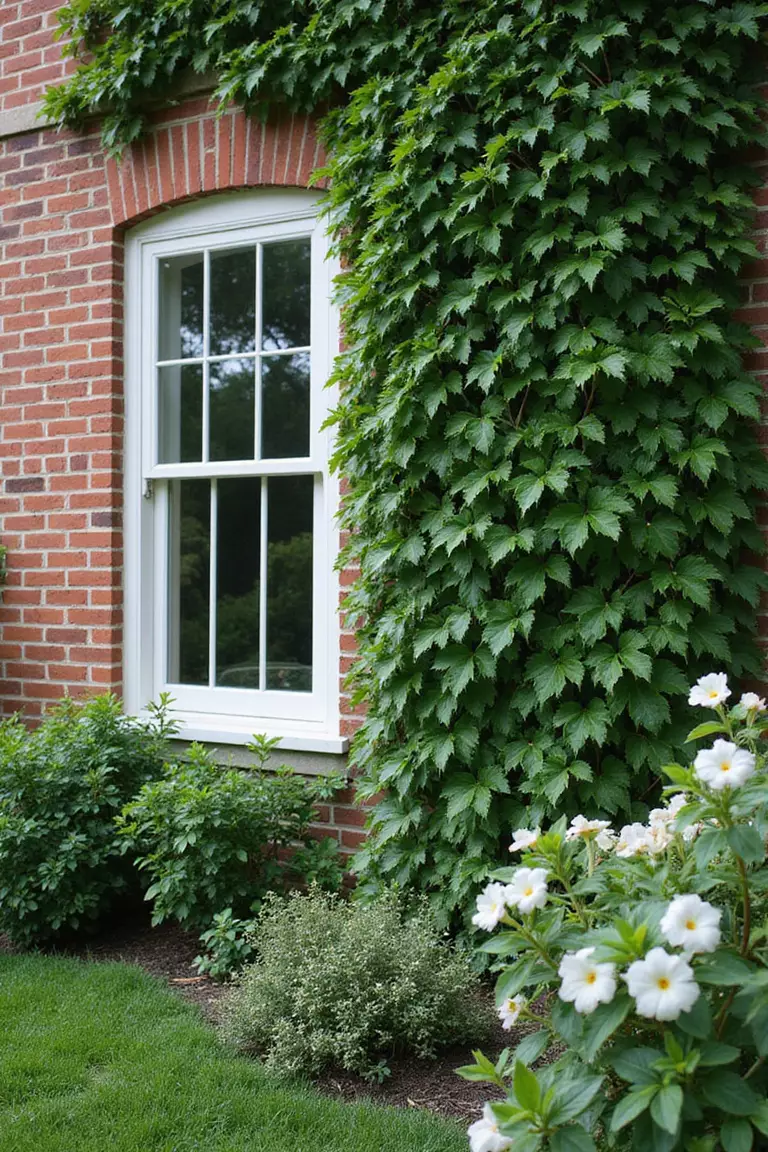 A professional photo, similar to a photo in a gardening magazine, of lush green ivy climbing up an old brick wall, next to fragrant white honeysuckle blooms near a window.