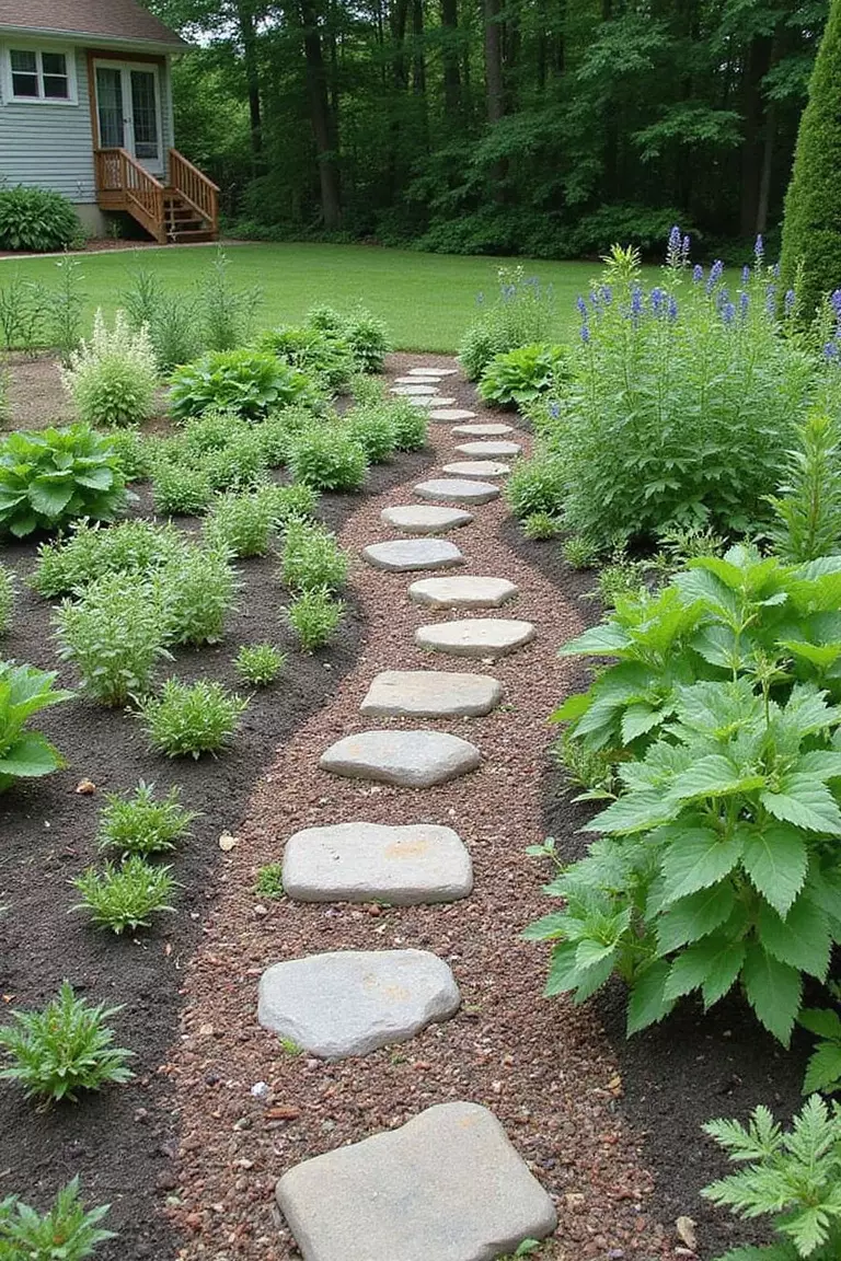 A photo of a typical American home’s garden featuring a carefully constructed spiral mound made of stones, with herbs planted along the spiral path according to their sun and water needs.