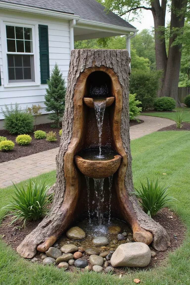 A photo of a typical American home’s garden showing a rustic fountain made from a hollowed-out log section, water bubbling from one end into a small pool below.