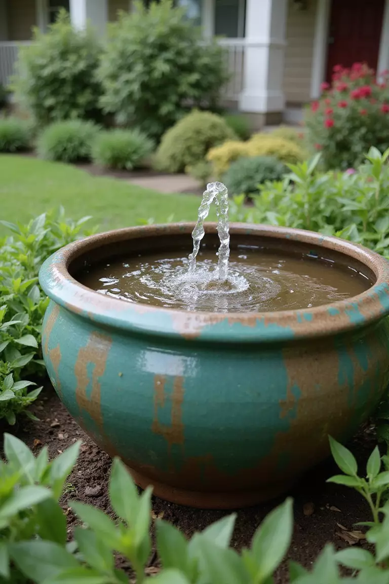 A close-up photo of a typical American home’s garden focusing on a single large, colorful ceramic pot with water bubbling gently from the center, set amidst low greenery.